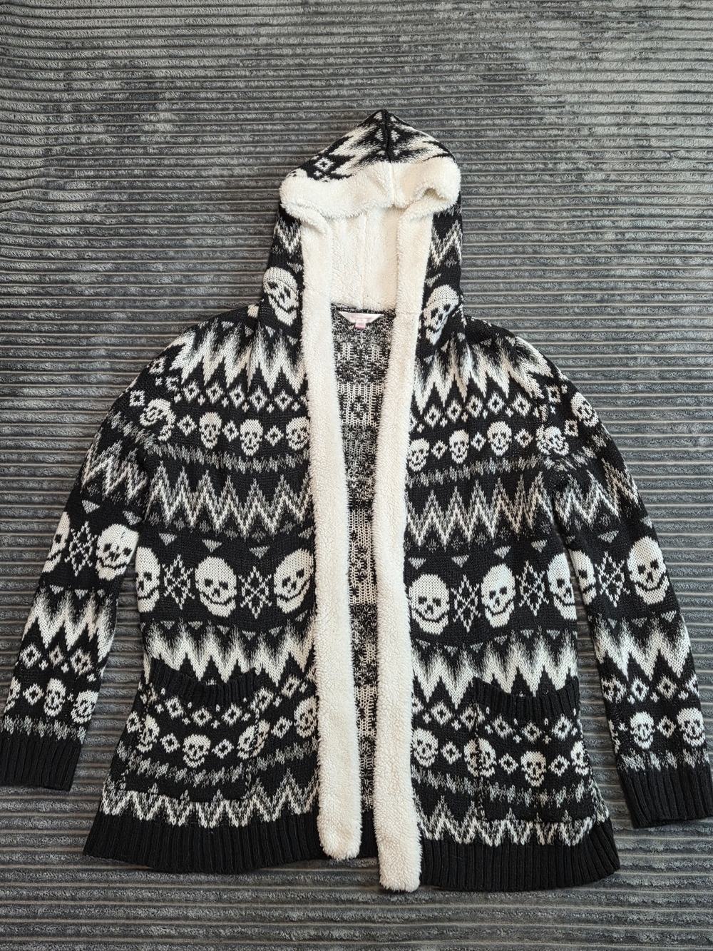 No Boundaries Black & White Hooded Knit Cardigan with Skull Pattern
